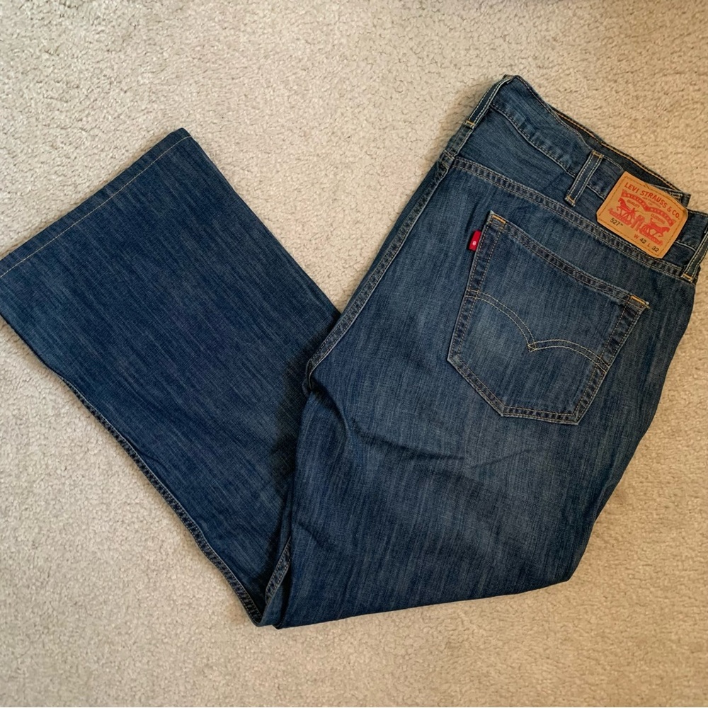 Levi's Strauss Medium Dark Wash 100% Cotton Blue Jeans 527 Slim Bootcut 42 x 32